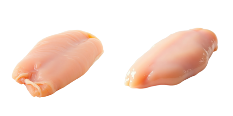 Raw chicken fillets isolated on transparent background displaying two pieces with smooth texture highlighting fresh poultry for culinary purposes.