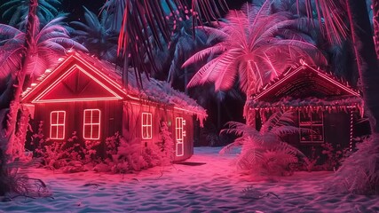 Luminous night: Neon lights illuminate palm trees and beachside huts for a dreamy ambiance - Powered by Adobe