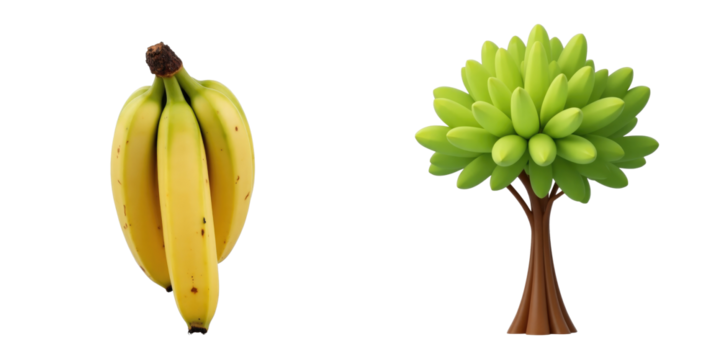 three ripe yellow bananas next to a stylized green tree with rounded leaves all isolated on a transparent background for graphic design and presentations