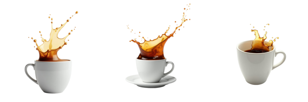 Coffee splash in three different cups with varying designs on transparent background, showcasing dynamic coffee splashes forming abstract shapes with clear details