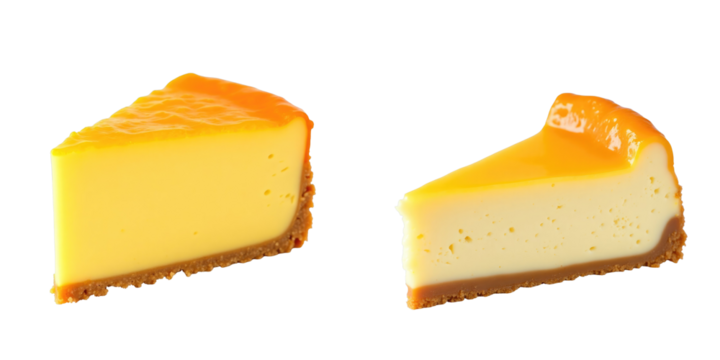 Slices of cheesecake with orange topping displayed on a transparent background, highlighting the creamy texture and crumbly crust of this sweet dessert.