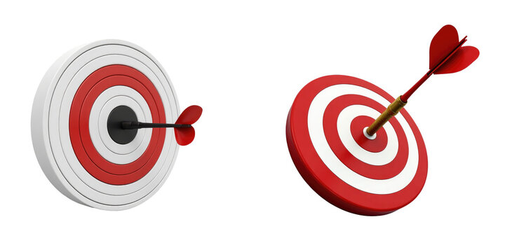 Dartboard targets with arrows on transparent background featuring two distinct styles one with transparent and white concentric circles and one red and white with an arrow in the center