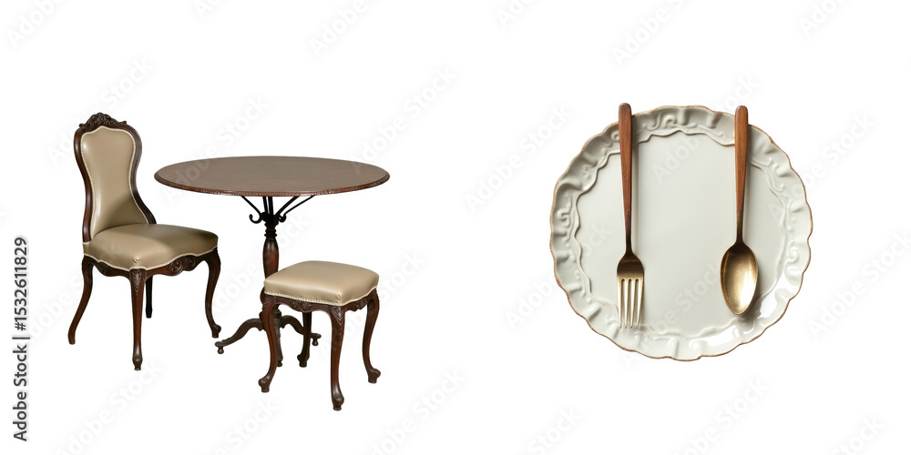 Aufkleber antique table and chair set alongside a vintage plate with cutlery isolated on a transparent backgro