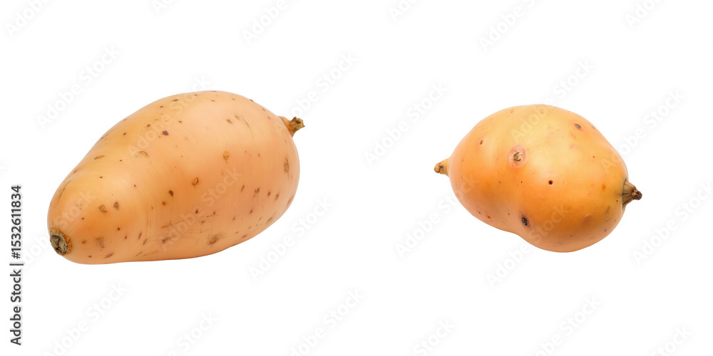 Poster two whole sweet potatoes displayed on a transparent background with a focus on their distinct shapes