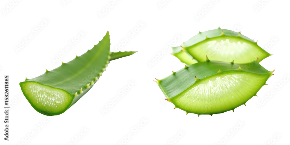 Poster sliced green aloe vera leaves displaying rich texture and vivid color, completely isolated on a tran