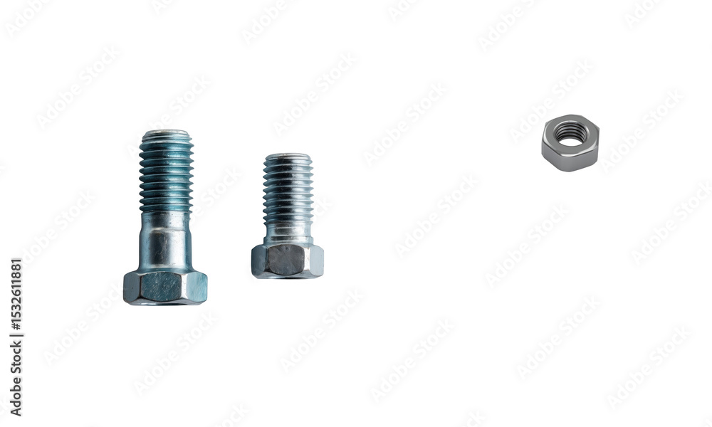 Poster metal bolts and nuts in various sizes displayed on a transparent background highlighting their textu
