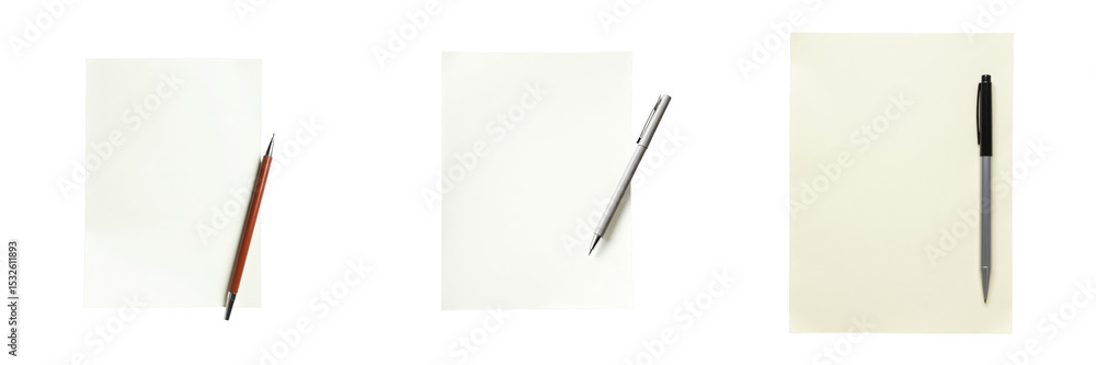 Poster set of three isolated blank sheets of paper with different pens arranged, displayed on a transparent