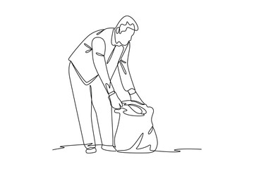 Simple continuous line draw of a man clean the surrounding environment. Social activities minimalist concept. Simple line. Social care.