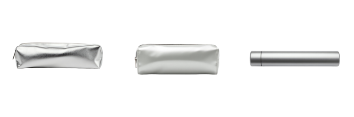Metal pencil case set featuring three designs in bright silver, isolated on a transparent background with a focus on texture and shape details.