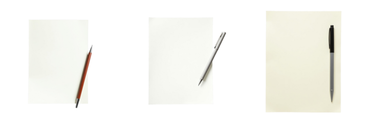 Set of three isolated blank sheets of paper with different pens arranged, displayed on a transparent background for customized text or illustrations
