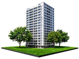  Urban Apartment Tower on a Patch of Green Land with Trees, Transparent Background