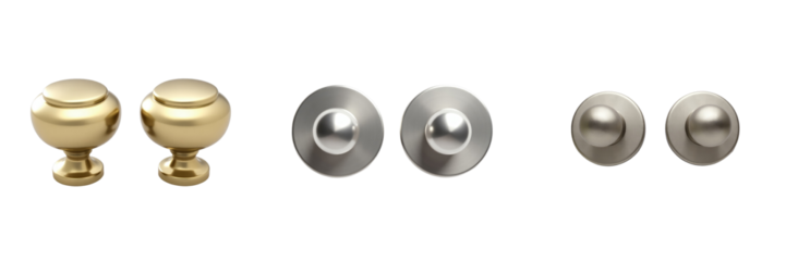 Set of four door knob handles in various finishes including gold and silver, isolated on a transparent background for clear presentation.