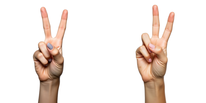 Hands of a woman displaying two peace signs isolated on a transparent background emphasizing gesture communication and positivity in minimalistic design