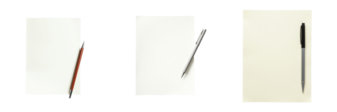 Set of three isolated blank sheets of paper with different pens arranged, displayed on a transparent background for customized text or illustrations