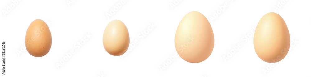 Poster flat layout of four different sizes of eggs with a smooth texture, completely isolated on a transpar