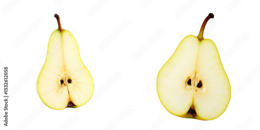 Poster sliced yellow pear halves isolated on transparent background displaying internal seeds and texture d