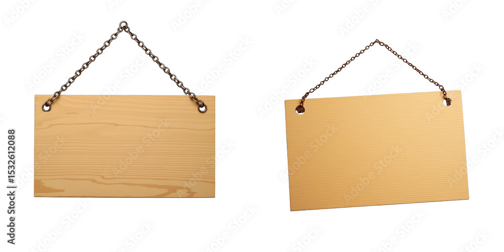 Poster wooden signs hanging on chains with blank backgrounds isolated on transparent background for easy ov