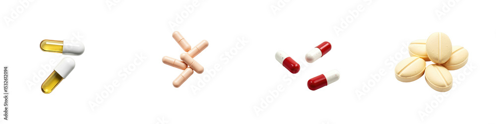 Poster assorted pharmaceutical capsules and tablets in various colors and shapes arranged on a transparent 