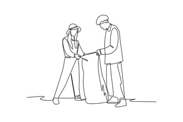 Simple continuous line draw of social action of men and women cleaning up rubbish. Social activities minimalist concept. Simple line. Social care.