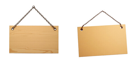 Wooden signs hanging on chains with blank backgrounds isolated on transparent background for easy overlay and editing in design projects