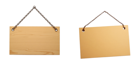 Wooden signs hanging on chains with blank backgrounds isolated on transparent background for easy overlay and editing in design projects