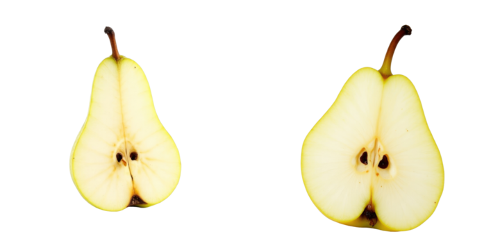 sliced yellow pear halves isolated on transparent background displaying internal seeds and texture details suitable for culinary presentations and food illustrations