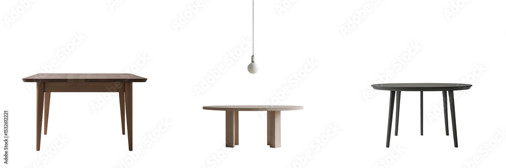 Poster set of three distinct tables displayed on a transparent background featuring various designs and col