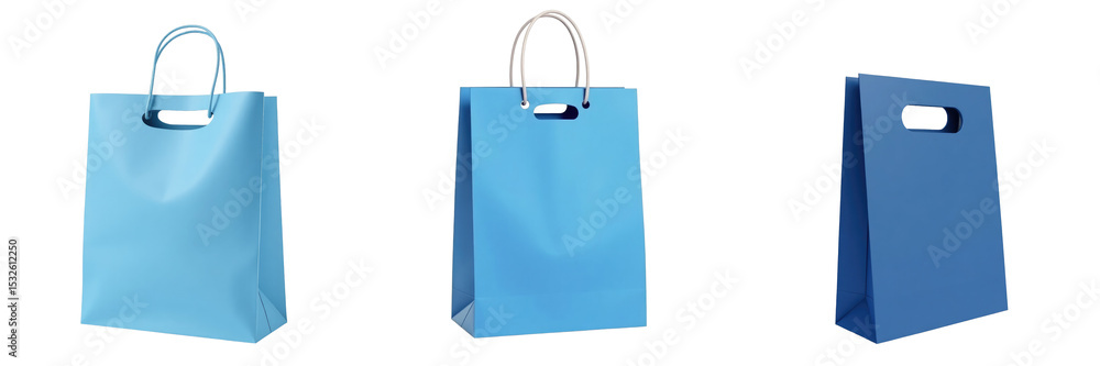 Poster mockup of a blue paper shopping bag with a handle displayed from different angles on a transparent b