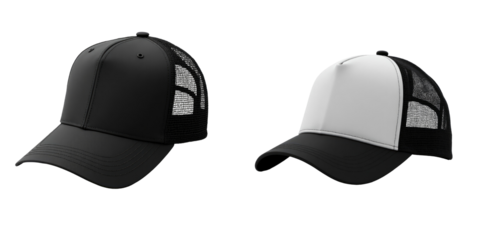 Two variants of trucker caps featuring transparent and white designs, mesh back panels, shown isolated on a transparent background for clear visibility and easy overlay use.