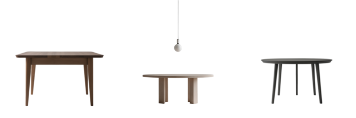 Set of three distinct tables displayed on a transparent background featuring various designs and colors including wood and modern styles with minimal lighting.