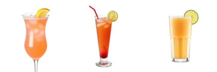 Various colorful cocktails isolated on a transparent background featuring a fruity cocktail with a lemon slice, a vibrant drink with a straw, and a refreshing orange beverage in a tall glass.