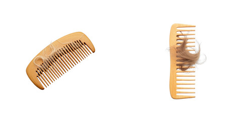 Wooden hair comb displaying strands of lost hair isolated on a transparent background viewed from a top perspective emphasizing the details of the comb and hair.