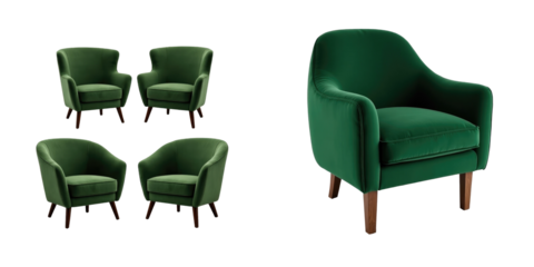 Set of four green velvet armchairs with wooden legs arranged together on transparent background, showcasing modern furniture design elements.