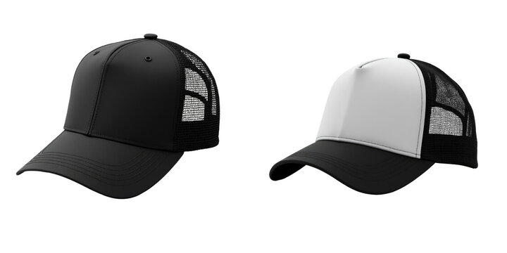 Two variants of trucker caps featuring transparent and white designs, mesh back panels, shown isolated on a transparent background for clear visibility and easy overlay use.
