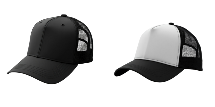 Two variants of trucker caps featuring transparent and white designs, mesh back panels, shown isolated on a transparent background for clear visibility and easy overlay use.