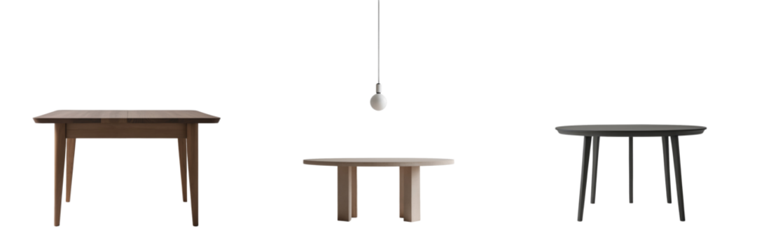 Set of three distinct tables displayed on a transparent background featuring various designs and colors including wood and modern styles with minimal lighting.