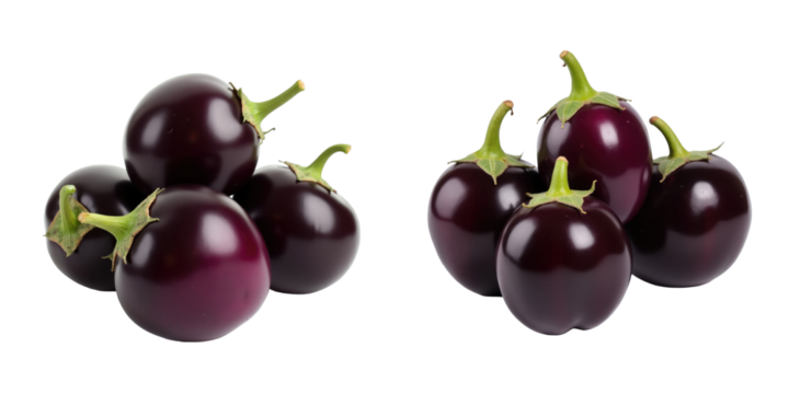 Fresh eggplants piled together against a transparent background displaying rich purple colors and distinct green stems ideal for culinary and food advertising use.