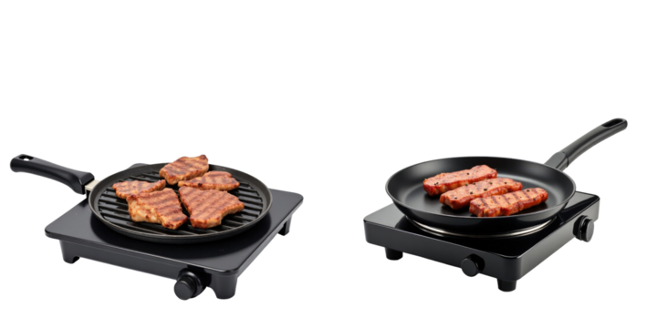 Electric stove with grilling tray and frying pan displaying various meats, isolated on transparent background, showcasing two cooking methods with different meat cuts.