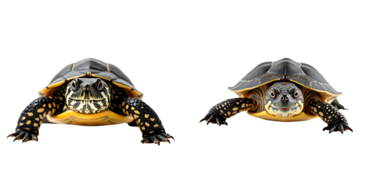 Two young snapping turtles with distinctive shells and colors, completely isolated on a transparent background, facing forward to showcase their features and textures.