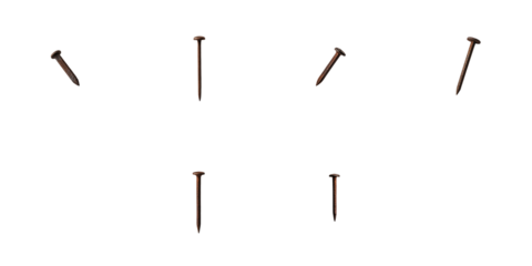 set of small rusty nails arranged on a transparent background showcasing different angles and positions with focus on texture and details of corrosion