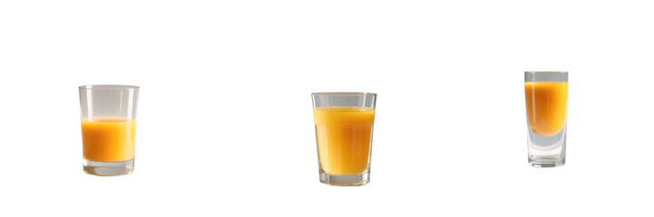 Assorted glasses of fresh orange juice with varying levels filled, isolated on a transparent background for clear visibility and focus on beverage details.