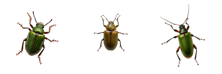 Clytra quadripunctata leaf beetles displayed in three orientations on a transparent background with detailed anatomy and vibrant coloration visible in the image