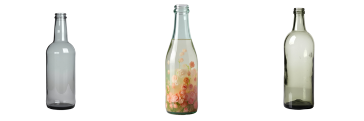 set of three empty glass bottles with different textures and designs against a transparent background isolated on transparent surface