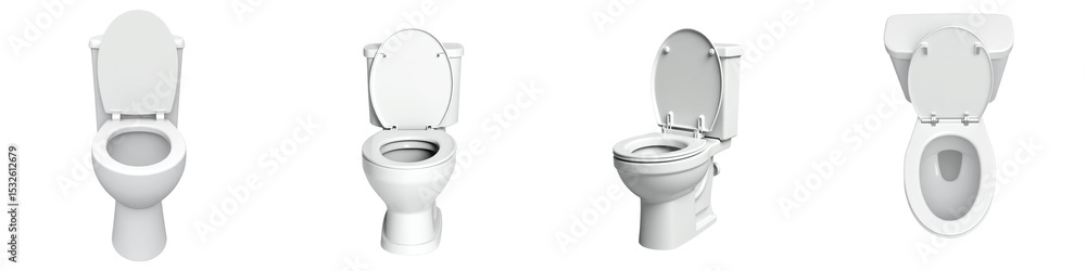 Poster set of four white toilets displayed from different angles with open lids on transparent background f