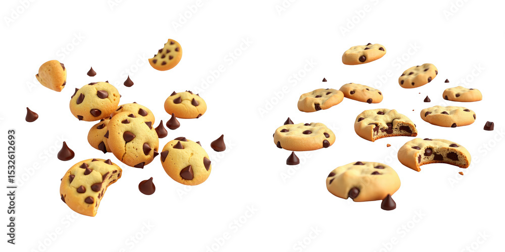 Poster realistic chocolate chip cookies scattered on a transparent background with several pieces broken an
