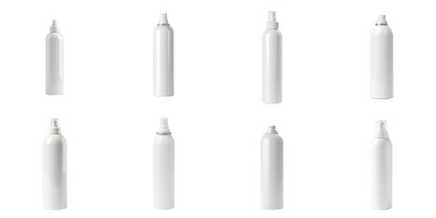 Blank aluminum spray cans with various nozzle positions arranged in a grid on a transparent background, suitable for packaging design and product mockups.