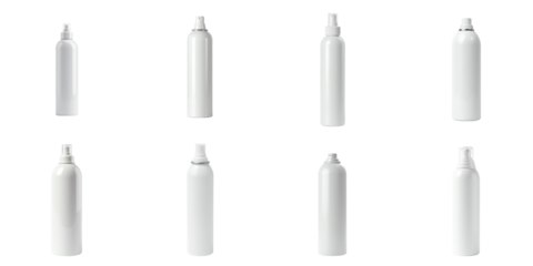 Blank aluminum spray cans with various nozzle positions arranged in a grid on a transparent background, suitable for packaging design and product mockups.