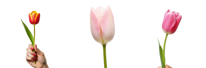 Three hands holding different tulips with vibrant colors against a transparent background symbolizing beauty and femininity. Suitable for themes of spring and celebration.