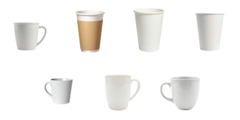 variety of coffee and tea cups in different sizes and designs arranged isolated on a transparent background with no shadows or reflections for easy integration into various designs