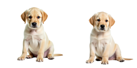 Two adorable 7 week old Labrador puppy dogs sitting upright and facing forward against a transparent background highlighting their features and expressions.